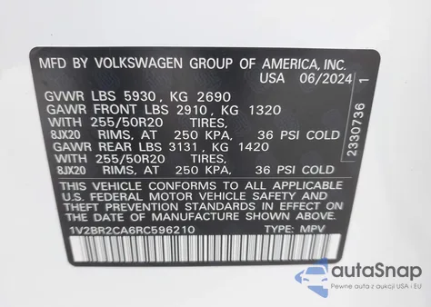 2024 Volkswagen Atlas 2.0T Sel from USA, damaged, VIN 1V2BR2CA6RC596210